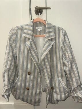Striped Double-Breasted Linen-Blend Blazer Jacket - Neutral Stripe
